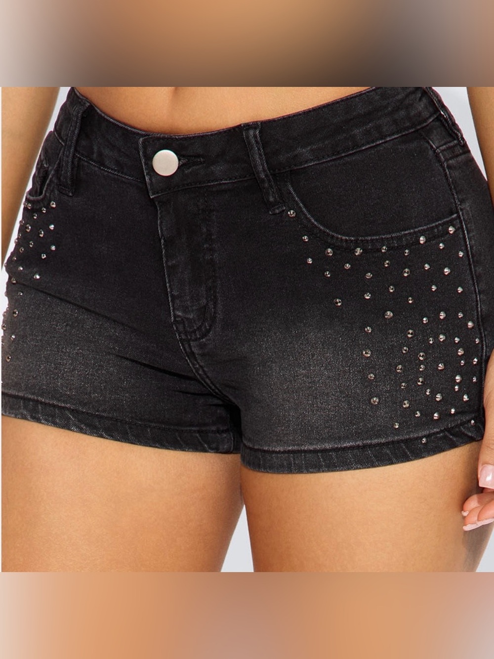 High-Rise Black Studded Denim Shorts
